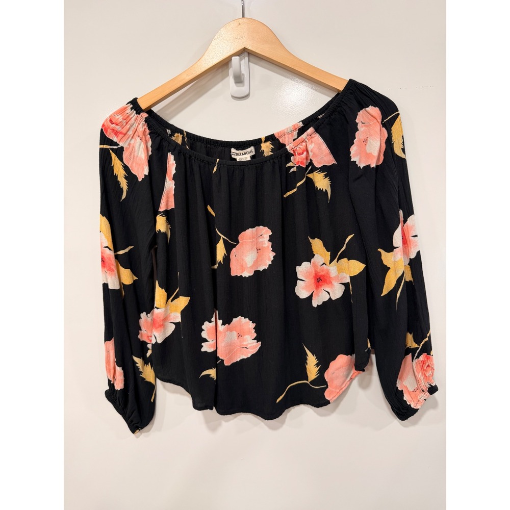 Billabong Women Black Floral Off Shoulder Long Sleeve Gauze Top Small